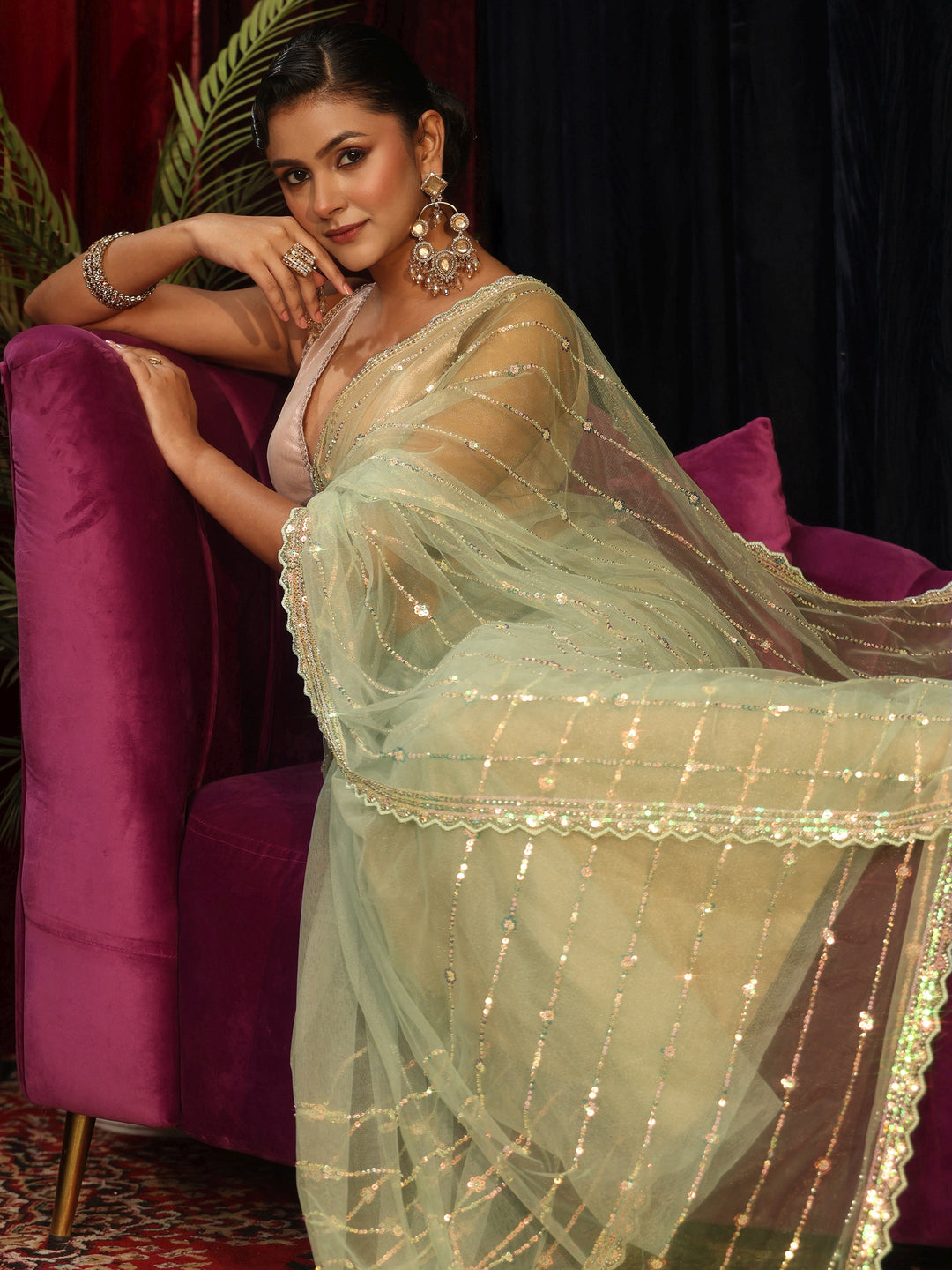 Libas Green Sequin Embellished Net Saree