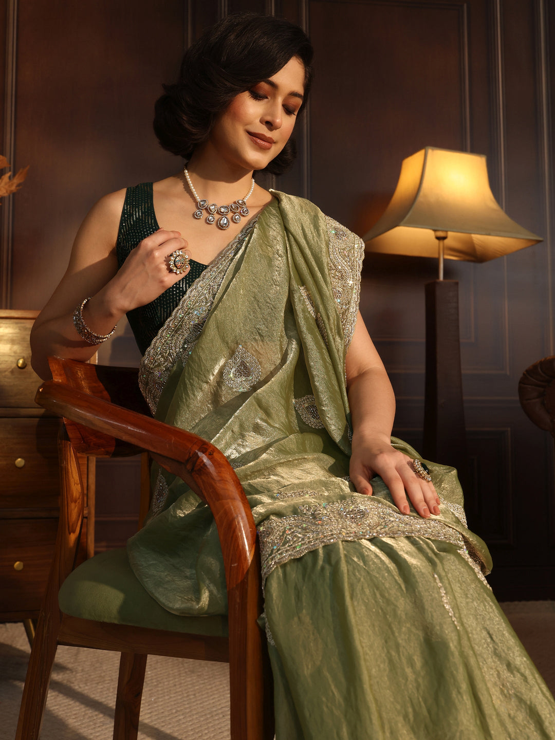 Libas Green Sequin Embellished Tissue Saree