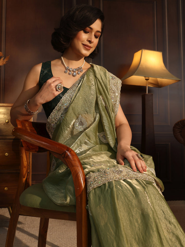 Libas Green Sequin Embellished Tissue Saree
