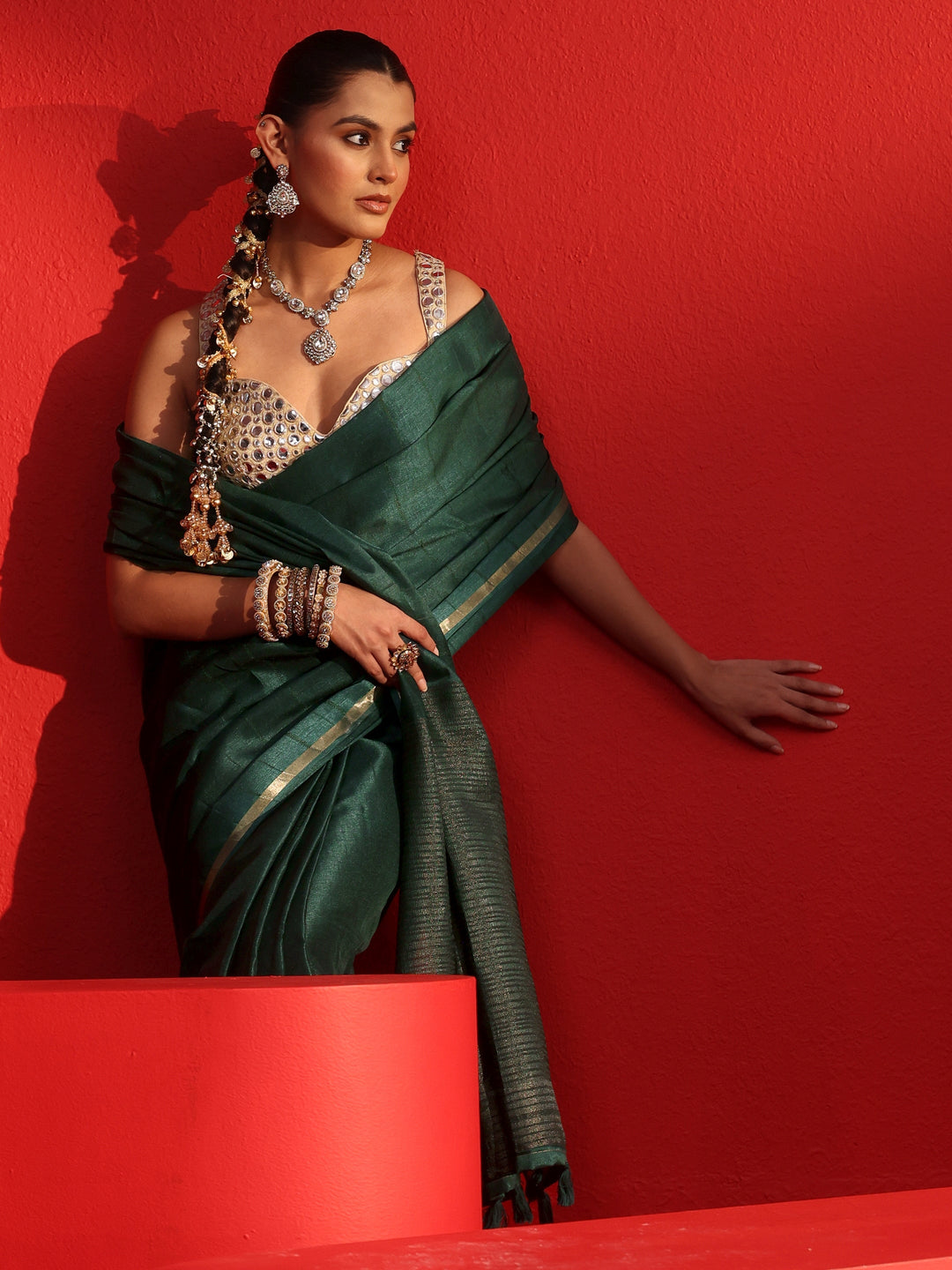 Libas Green Silk Blend Tassel Saree with Woven Design Border
