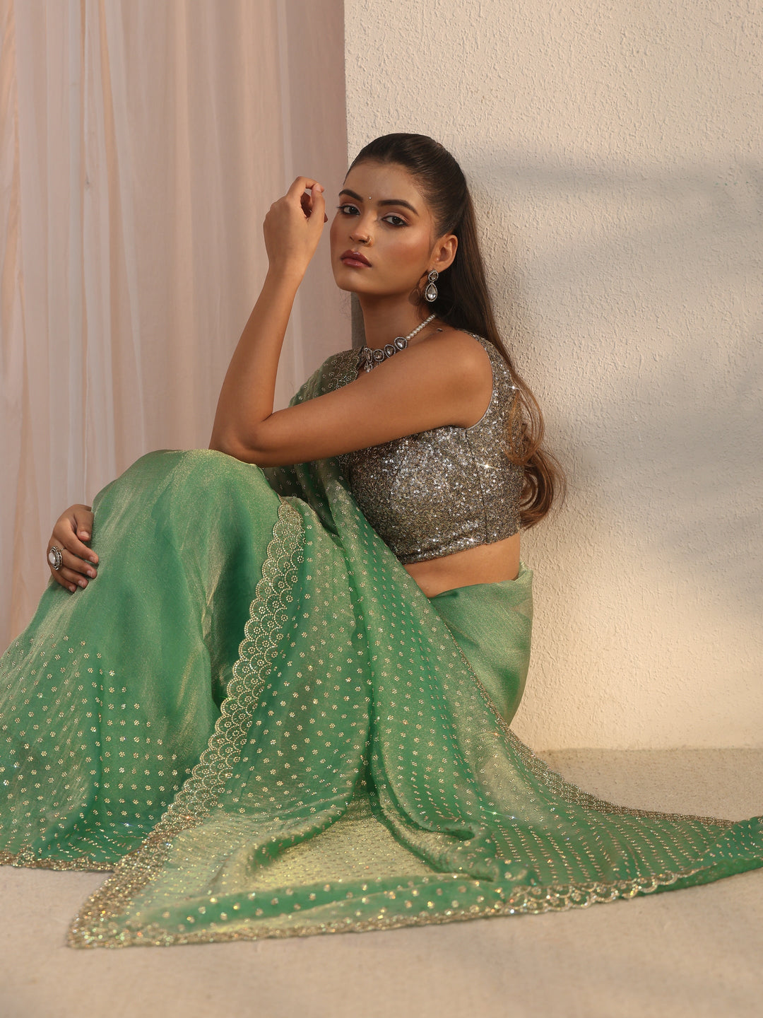 Libas Green Stone Work Embellished Tissue Saree with Scalloped Border