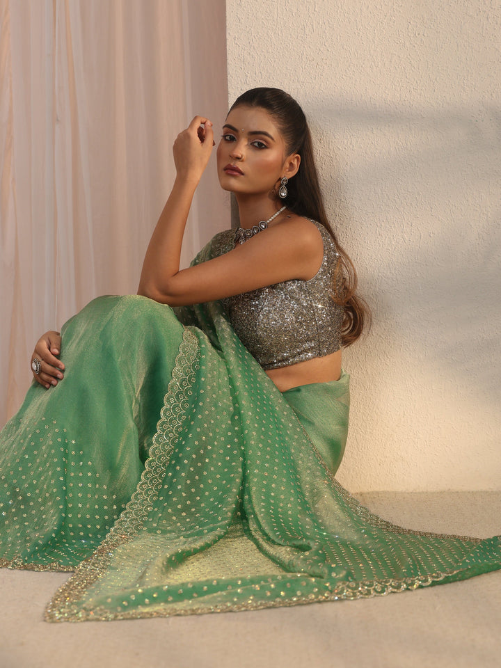 Libas Green Stone Work Embellished Tissue Saree with Scalloped Border