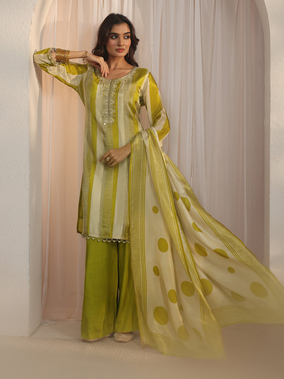 Libas Green Striped Organza Palazzo Suit Set