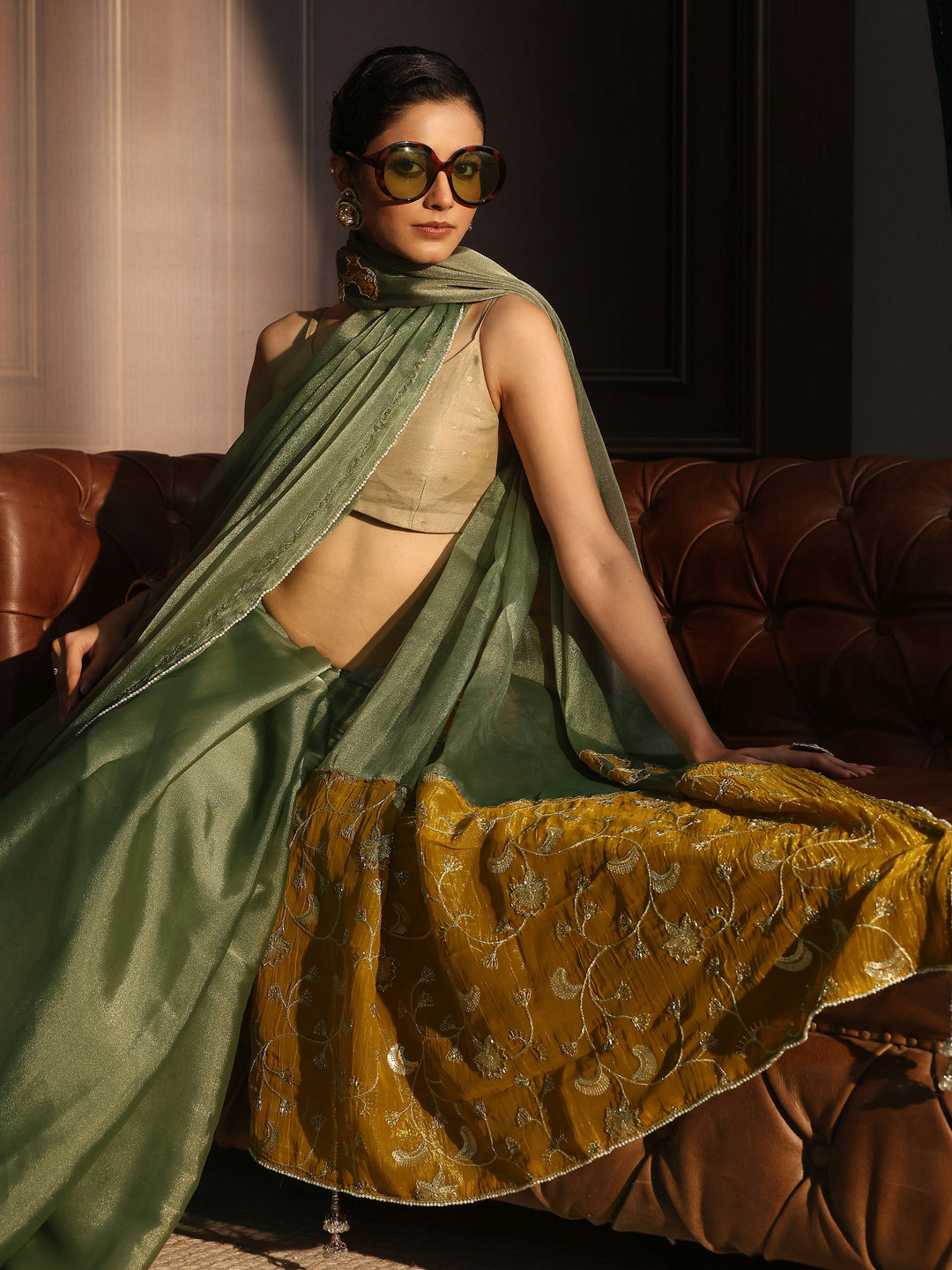 Libas Green Tissue Saree with Embellished Pallu