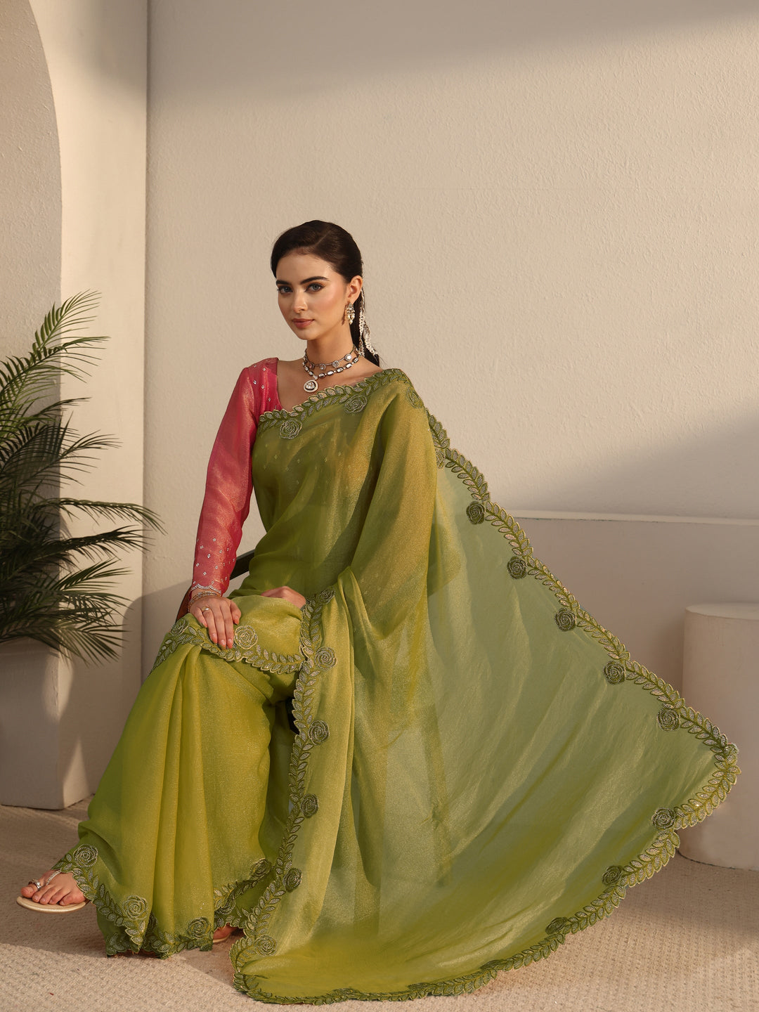 Libas Green Tissue Saree with Embellished Scalloped Border