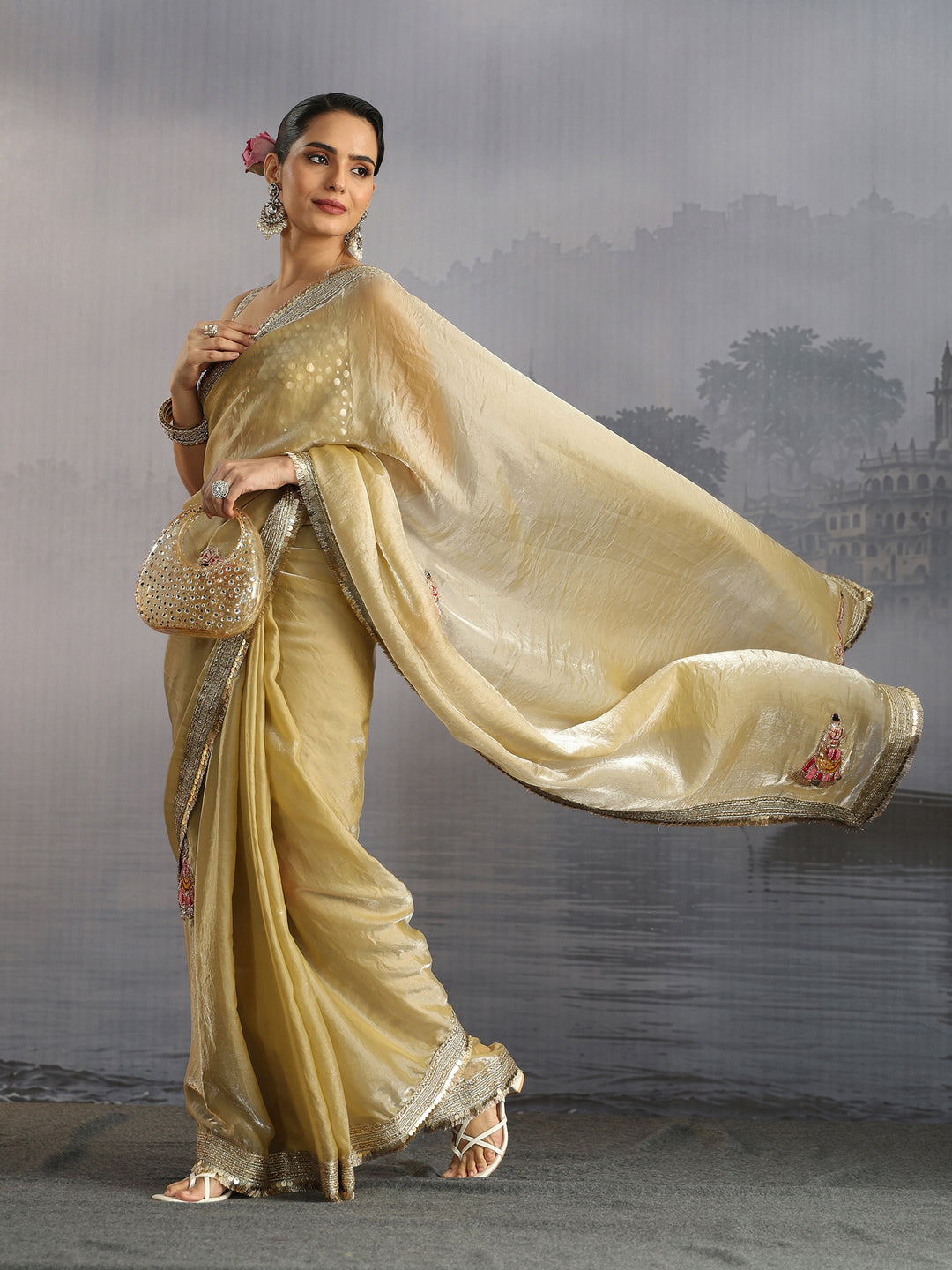 Libas Green Tissue Saree with Gota Border