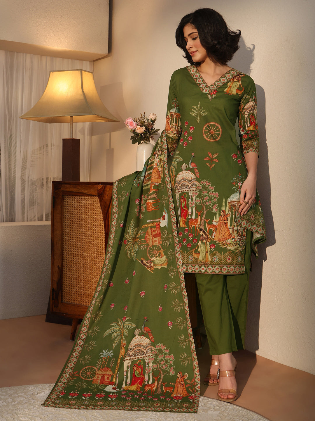 Libas Green Tribal Printed Cotton Straight Suit Set