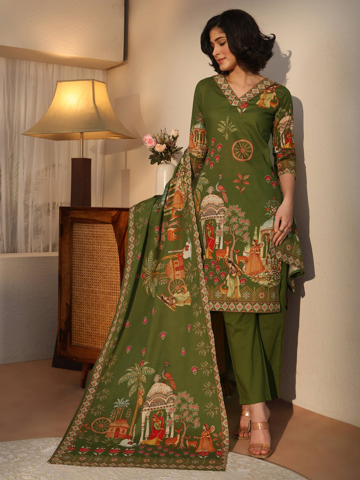 Libas Green Tribal Printed Cotton Straight Suit Set