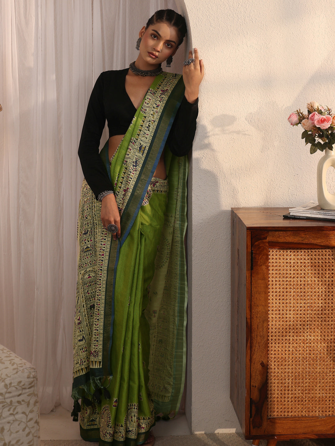 Libas Green Warli Printed Silk Blend Tassel Saree