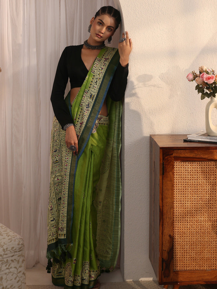 Libas Green Warli Printed Silk Blend Tassel Saree