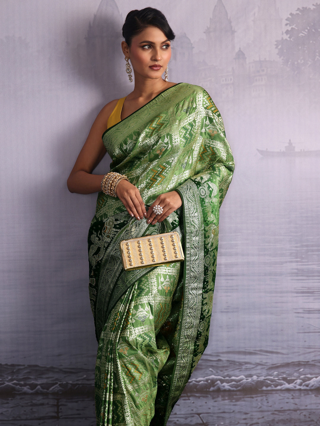 Libas Green Woven Design Bandhani Print Satin Saree