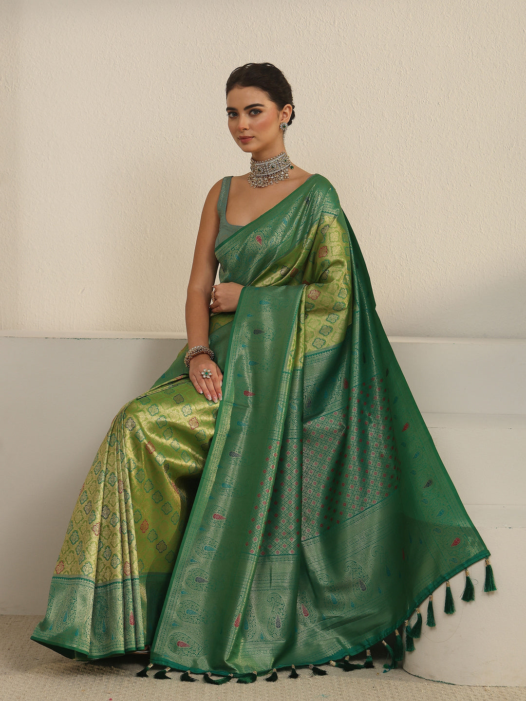 Libas Green Woven Design Silk Blend Saree with Paisley Border