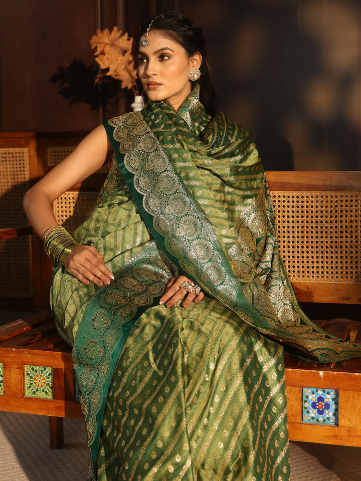 Libas Green Woven Design Silk Blend Tassel Saree