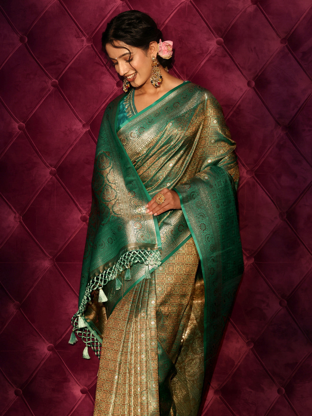 Libas Green Woven Design Silk Blend Tassel Saree