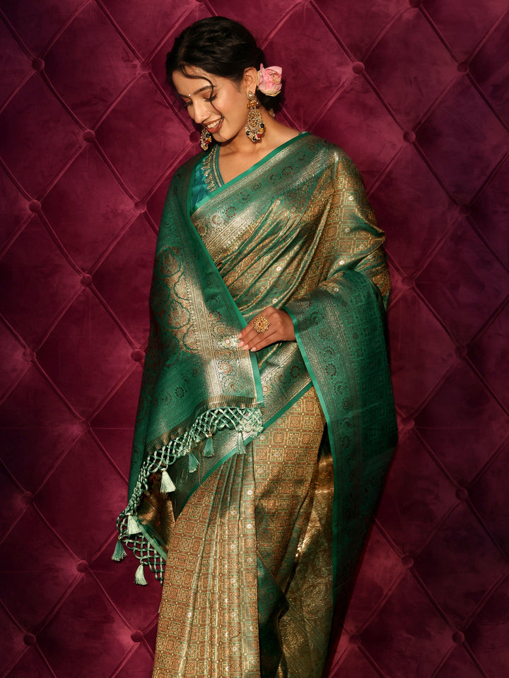 Libas Green Woven Design Silk Blend Tassel Saree