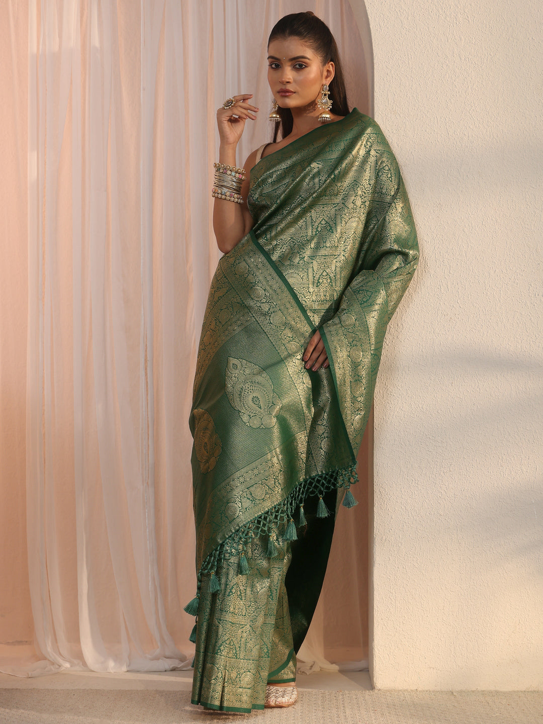 Libas Green Woven Design Silk Blend Tassel Saree