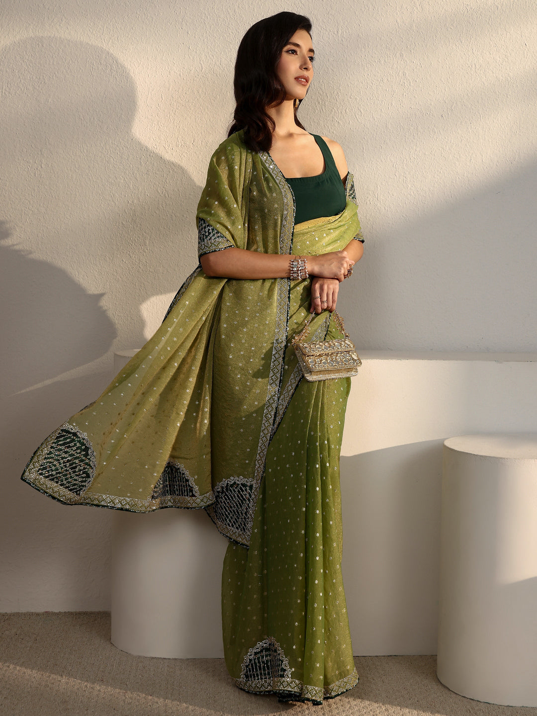 Libas Green Woven Design Tissue Saree with Embellished Border