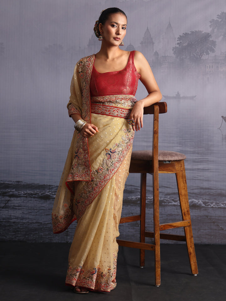 Libas Green Woven Design Tissue Saree with Embroidered Border