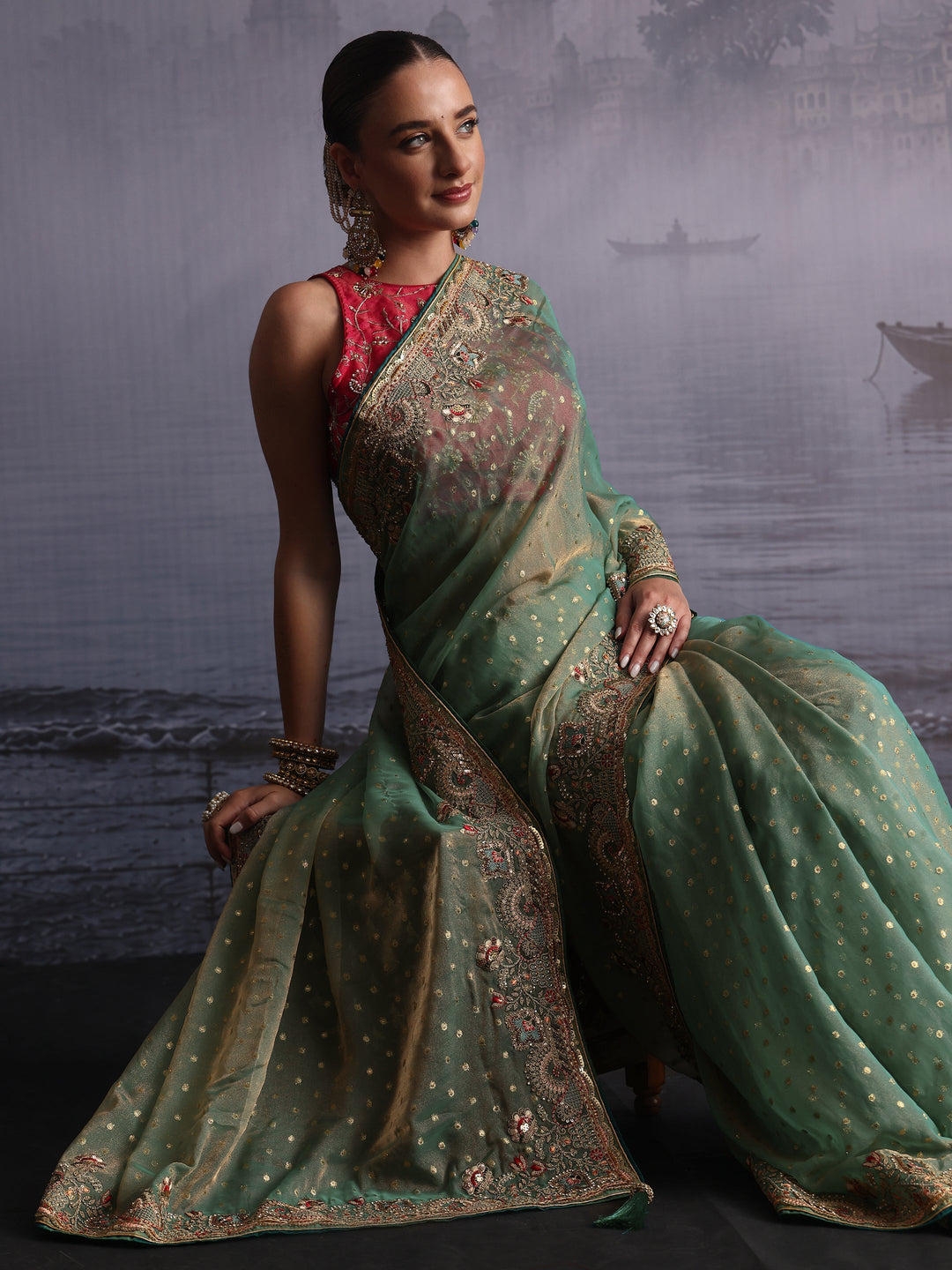 Libas Green Woven Design Tissue Saree with Embroidered Border
