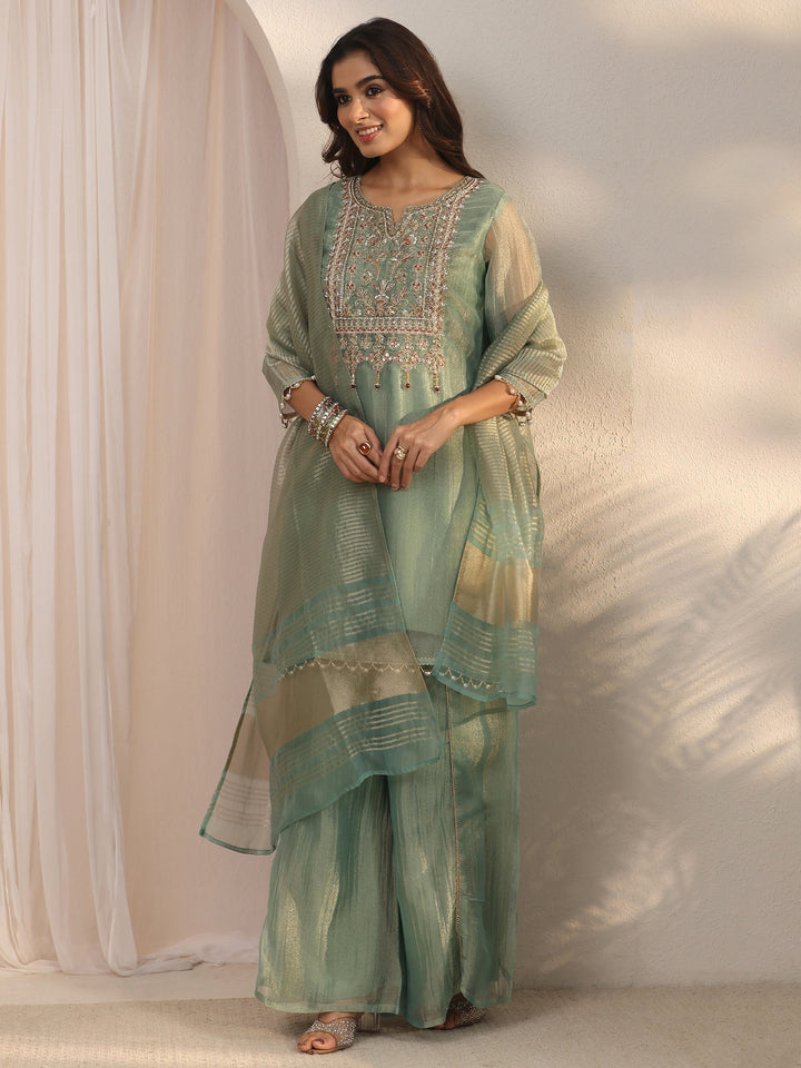 Libas Green Yoke Design Embellished Tissue Palazzo Suit Set