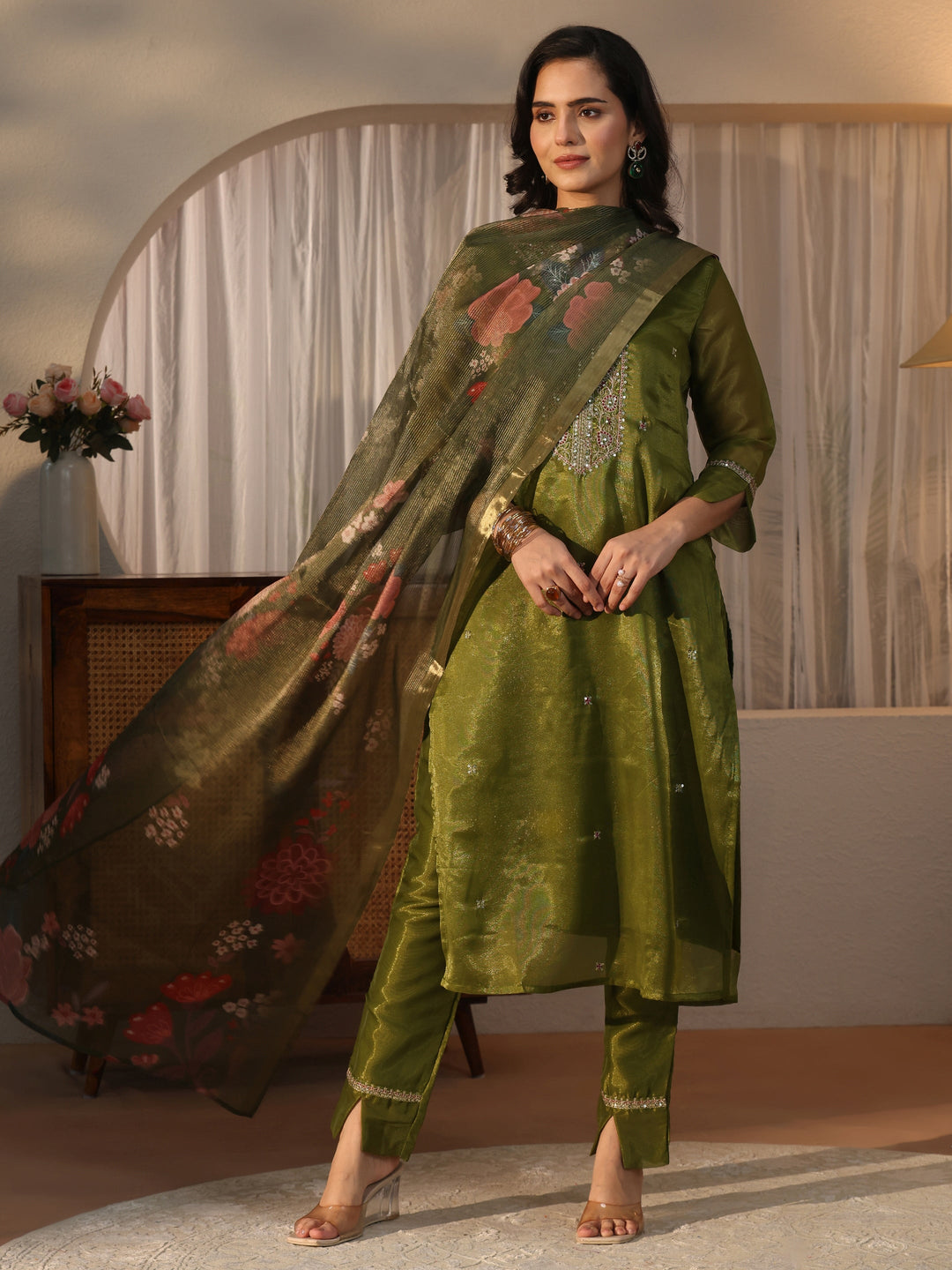 Libas Green Yoke Design Embellished Tissue Straight Suit Set