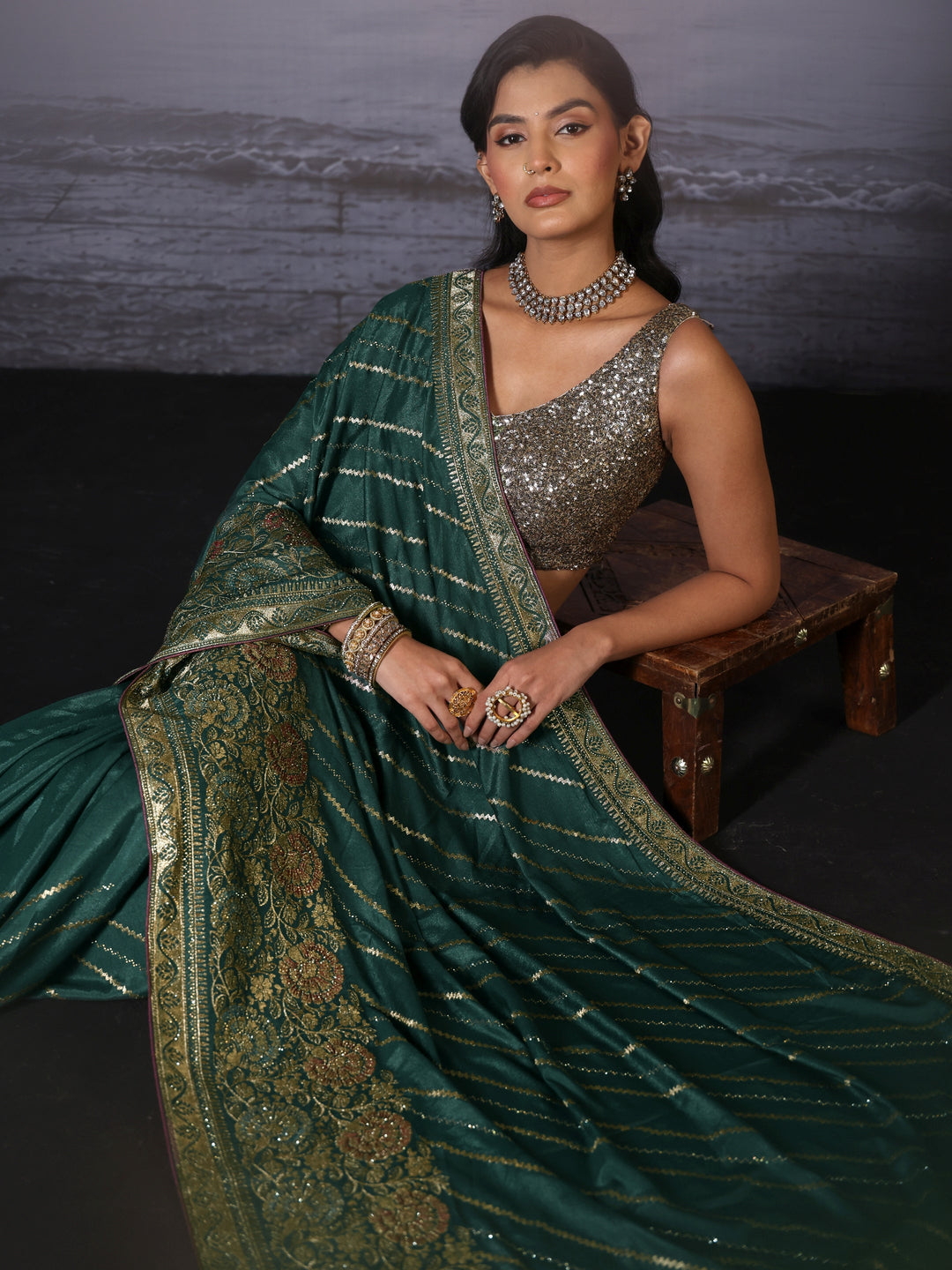 Libas Green Zari Embellished Satin Saree