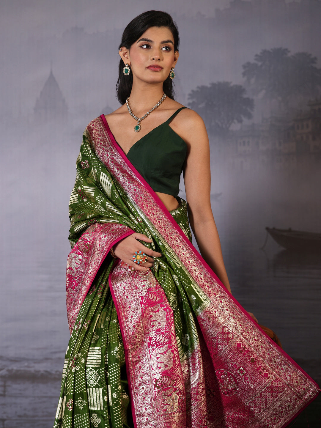 Libas Green Zari Woven Design Embellished Satin Saree