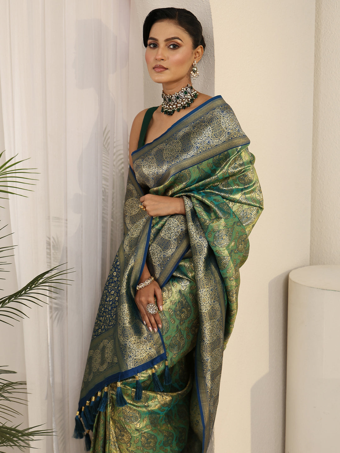 Libas Green and Blue Floral Woven Design Silk Bend Tassel Saree