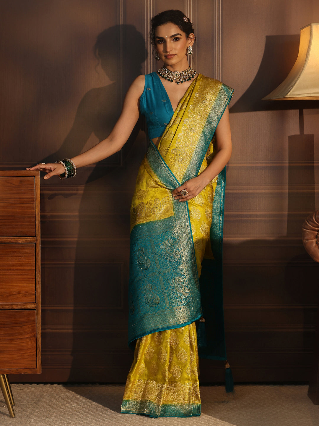 Libas Green and Blue Woven Design Satin Saree