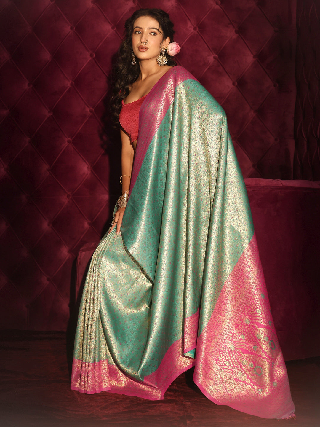 Libas Green and Pink Banarasi Silk Blend Tassel Saree