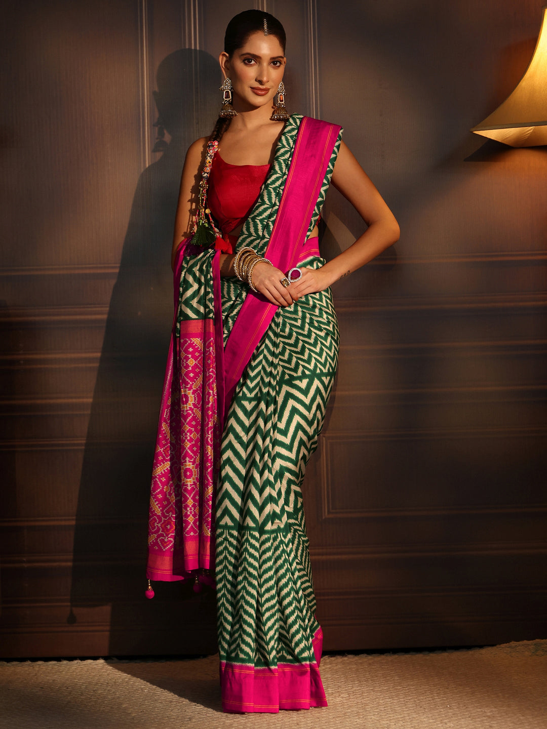 Libas Green and Pink Chevron Printed Silk Blend Saree