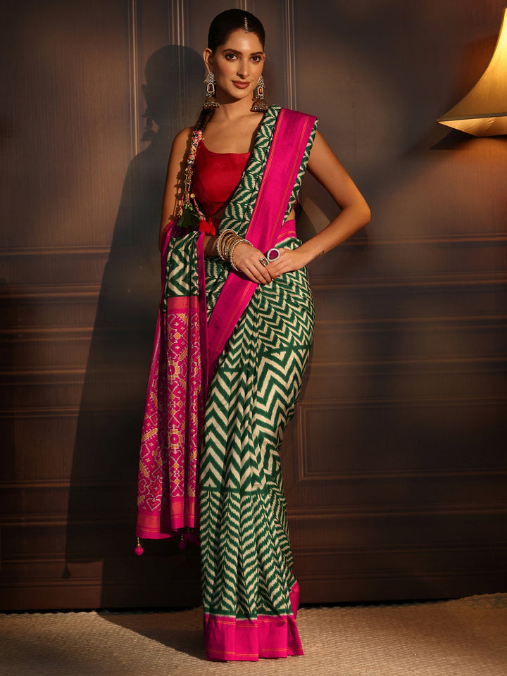 Libas Green and Pink Chevron Printed Silk Blend Saree