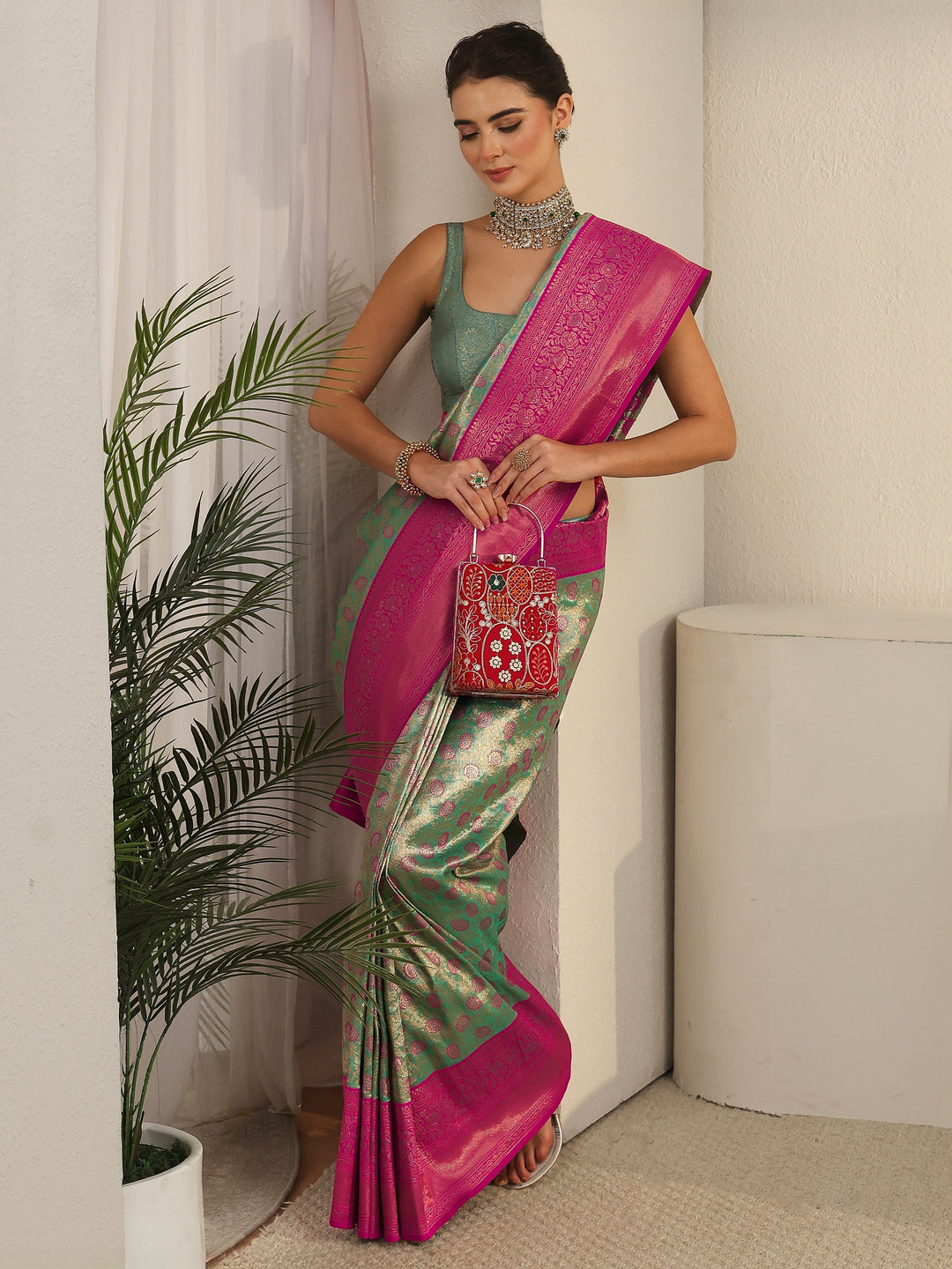 Libas Green and Pink Floral Woven Design Banarasi Silk Blend Saree
