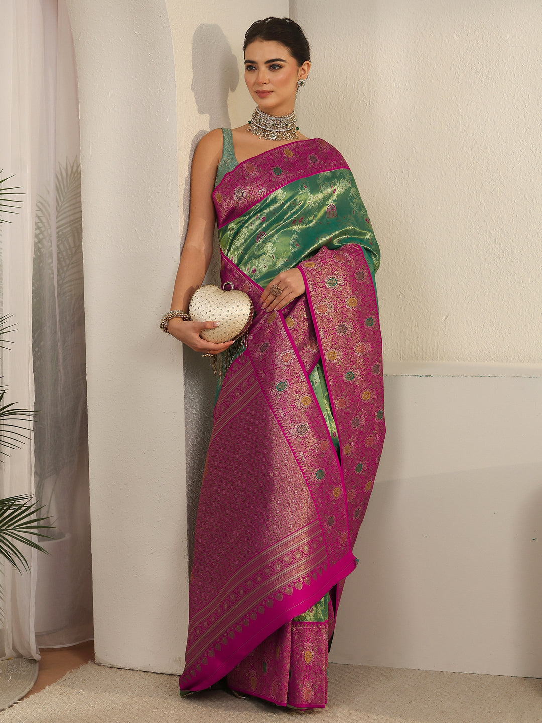 Libas Green and Pink Floral Woven Design Silk Blend Saree