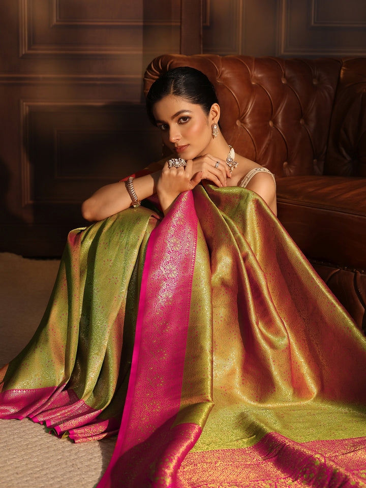 Libas Green and Pink Kanjeevaram Silk Blend Tassel Saree