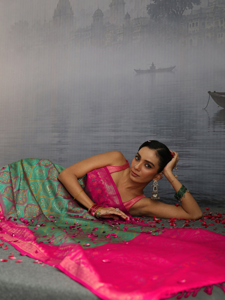 Libas Green and Pink Pochampally Silk Blend Saree