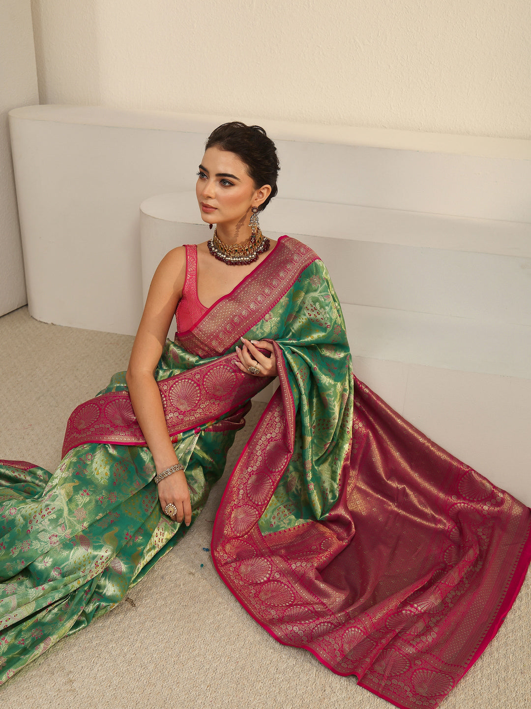 Libas Green and Red Floral Woven Design Silk Blend Saree