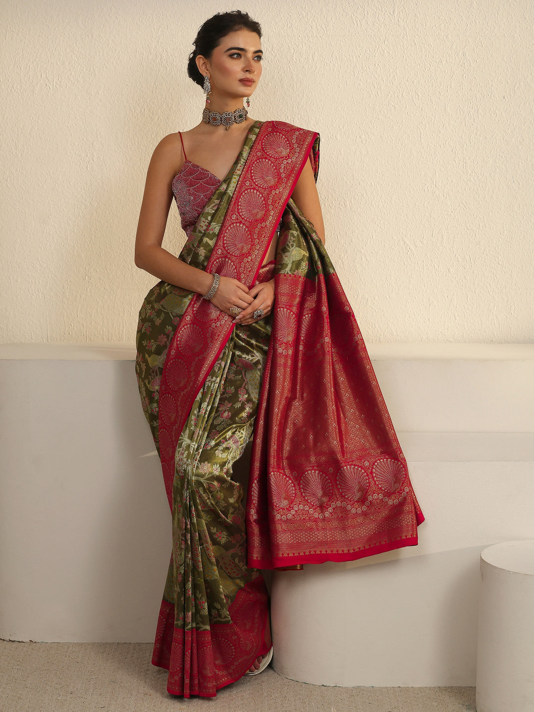 Libas Green and Red Floral Woven Design Silk Blend Saree