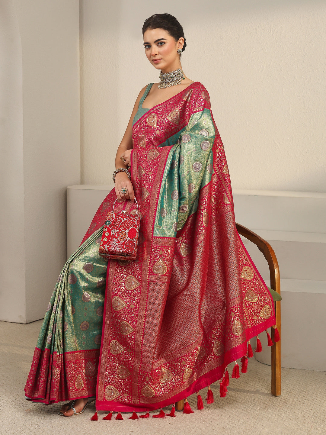 Libas Green and Red Leaf Woven Design Brocade Saree