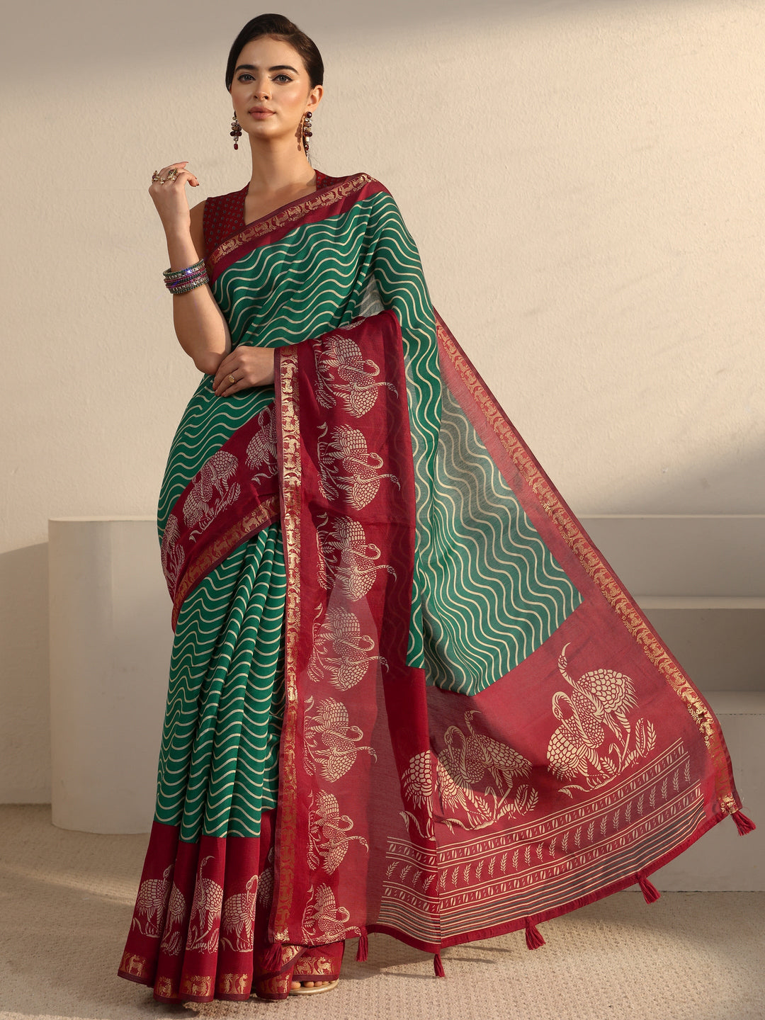 Libas Green and Red Wavy Stripe Printed Silk Blend Tassel Saree