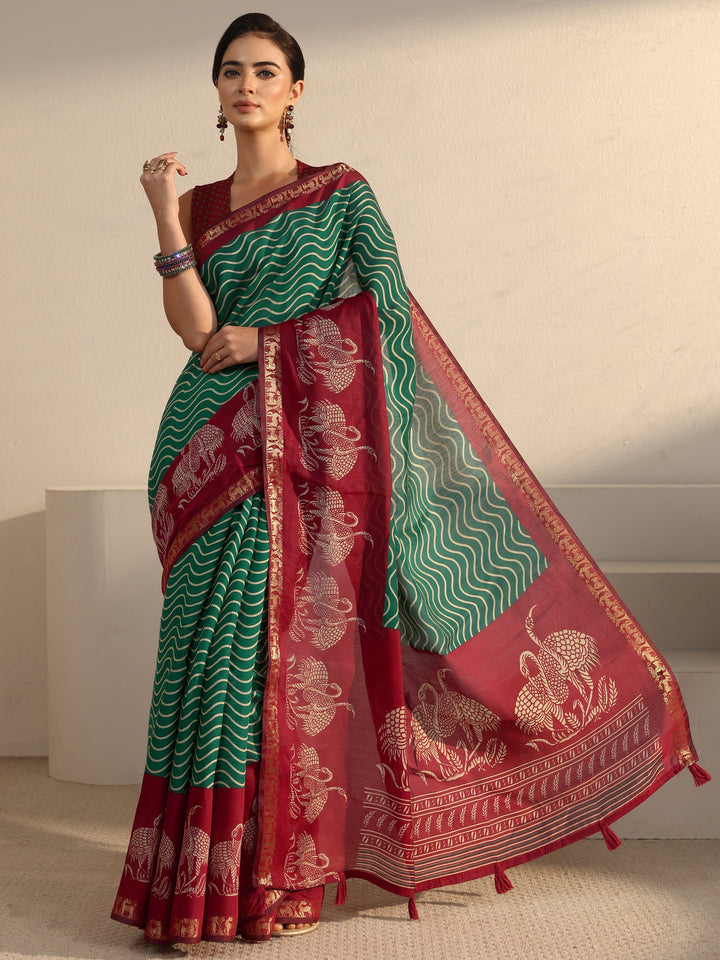 Libas Green and Red Wavy Stripe Printed Silk Blend Tassel Saree