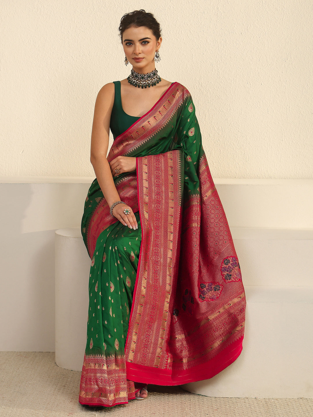 Libas Green and Red Woven Design Silk Blend Saree