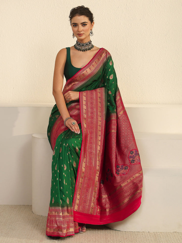 Libas Green and Red Woven Design Silk Blend Saree