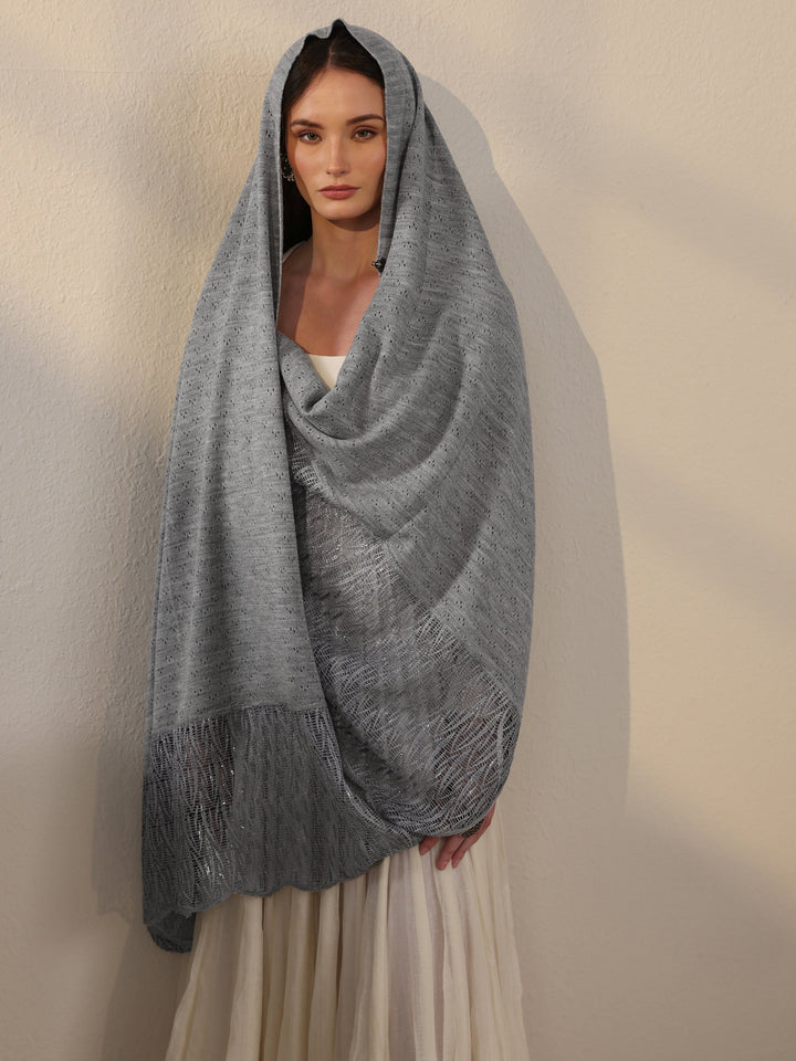 Libas Grey Acrylic Wrap Shawl with Lace Border
