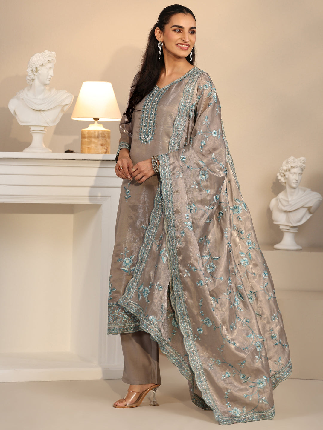 Libas Grey Floral Embroidered Organza Straight Suit Set