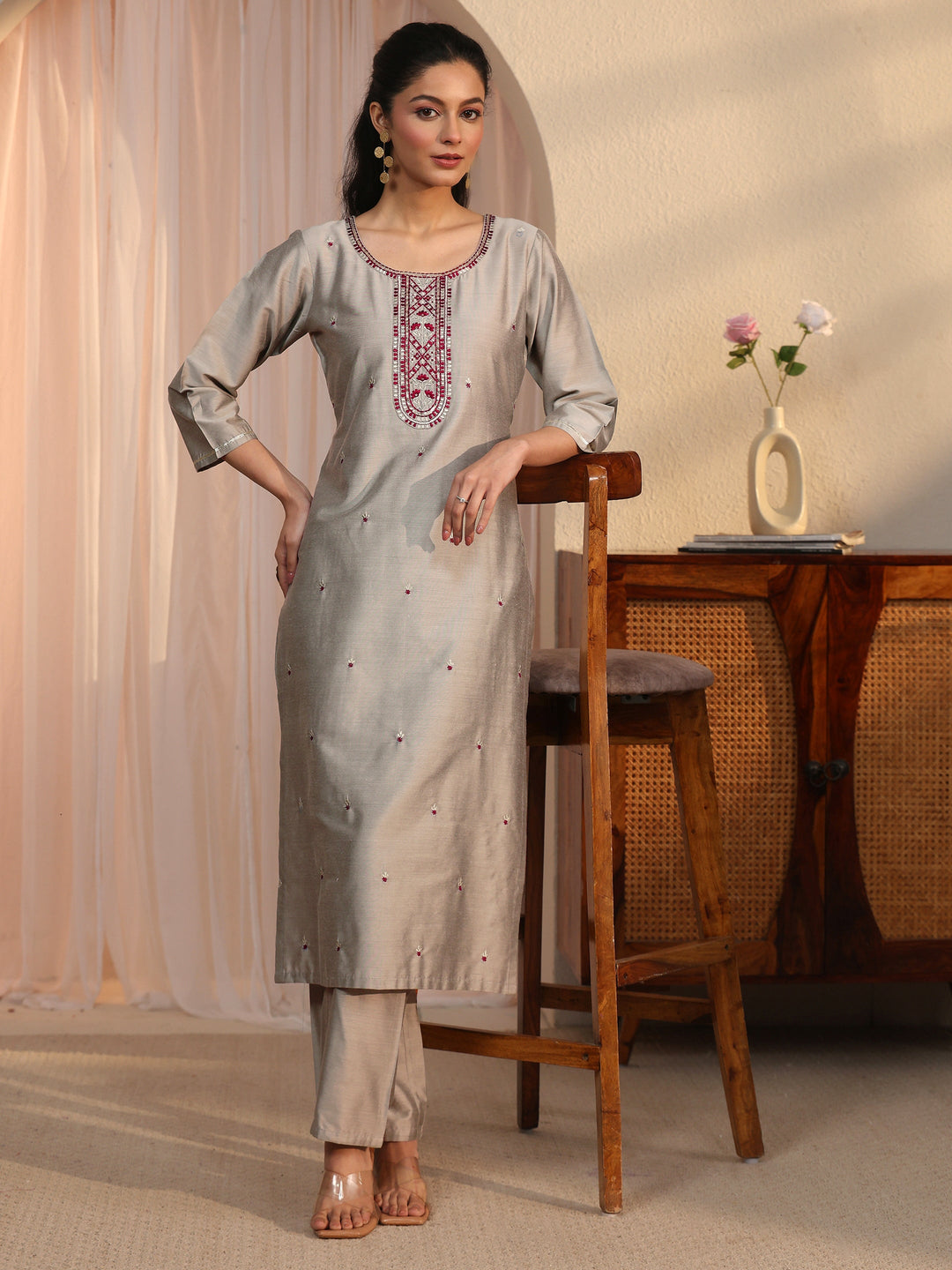 Libas Grey Floral Embroidered Silk Blend Straight Kurta Set