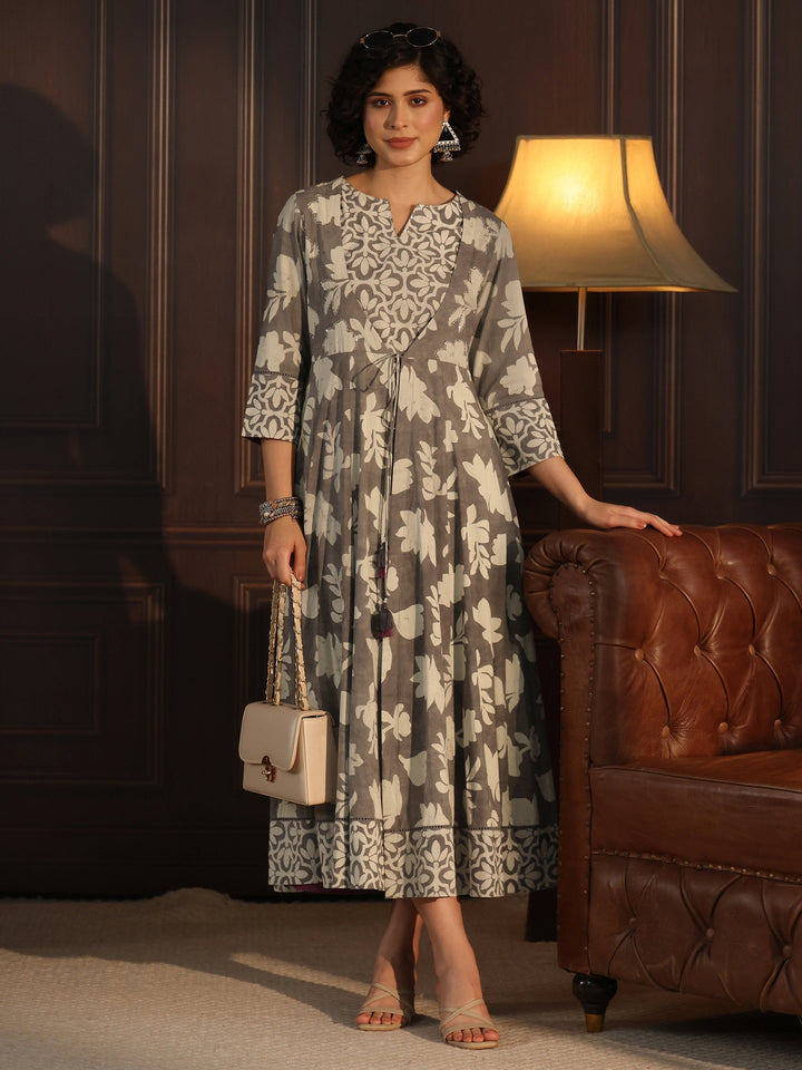 Libas Grey Floral Printed Cotton Straight Kurta with Long Shrug