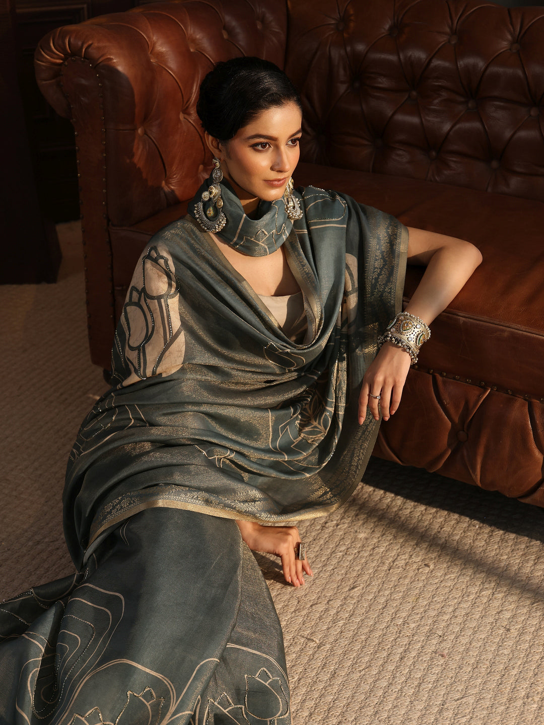 Libas Grey Floral Printed Embellished Silk Blend Saree