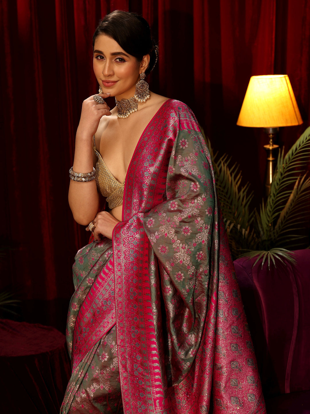Libas Grey Floral Woven Design Embellished Brocade Saree