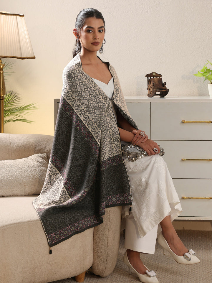Libas Grey Geometric Knitted Acrylic Wrap Shawl